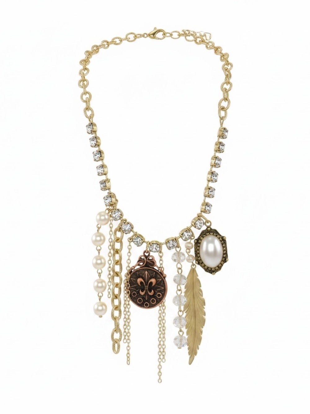 Gold-tone Multi Charm Pearl Pendant Necklace